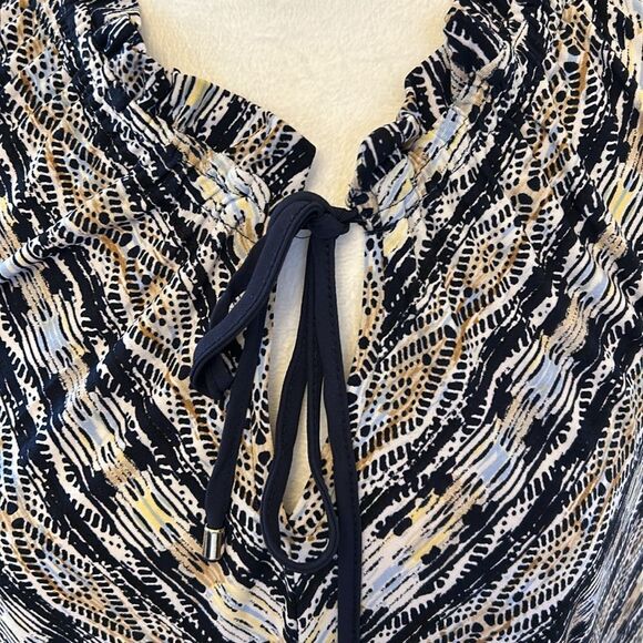 WHBM blue white patterned ruffle neck sleeveless blouson blouse Size L EUC - Picture 3 of 10